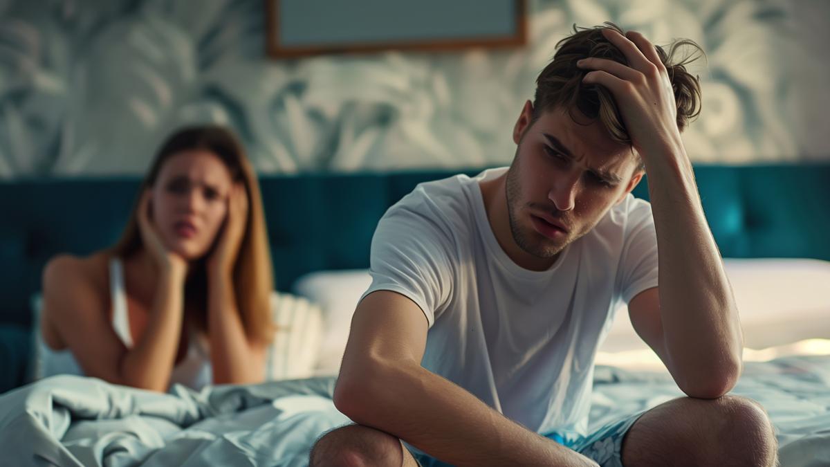 distressed-man-sitting-bed-as-woman-stands-silently-him_74059600