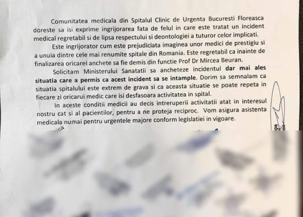 protest la spitalul floreasca medici care l sus in pe dr mircea beuran vor asigura doar urgen ele